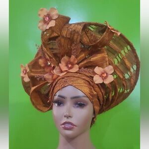 Elegant Burnt Orange Headwrap with Floral Accents